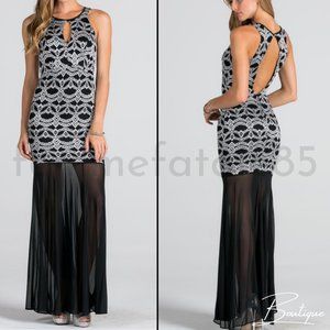 Gala formal Black & Silver Bodycon NYE Open Back Key hole dress Holiday goth